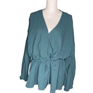 Ava Viv Wm’s S 3X Gauze V Neck Gauze Peplum Tie Blouse